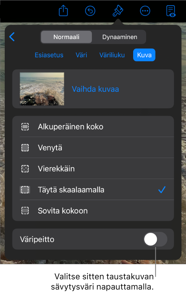 Tausta-säätimet, joissa kuva on asetettu dian taustaksi, ja Värin täyttö -säädin näkyy alareunassa.