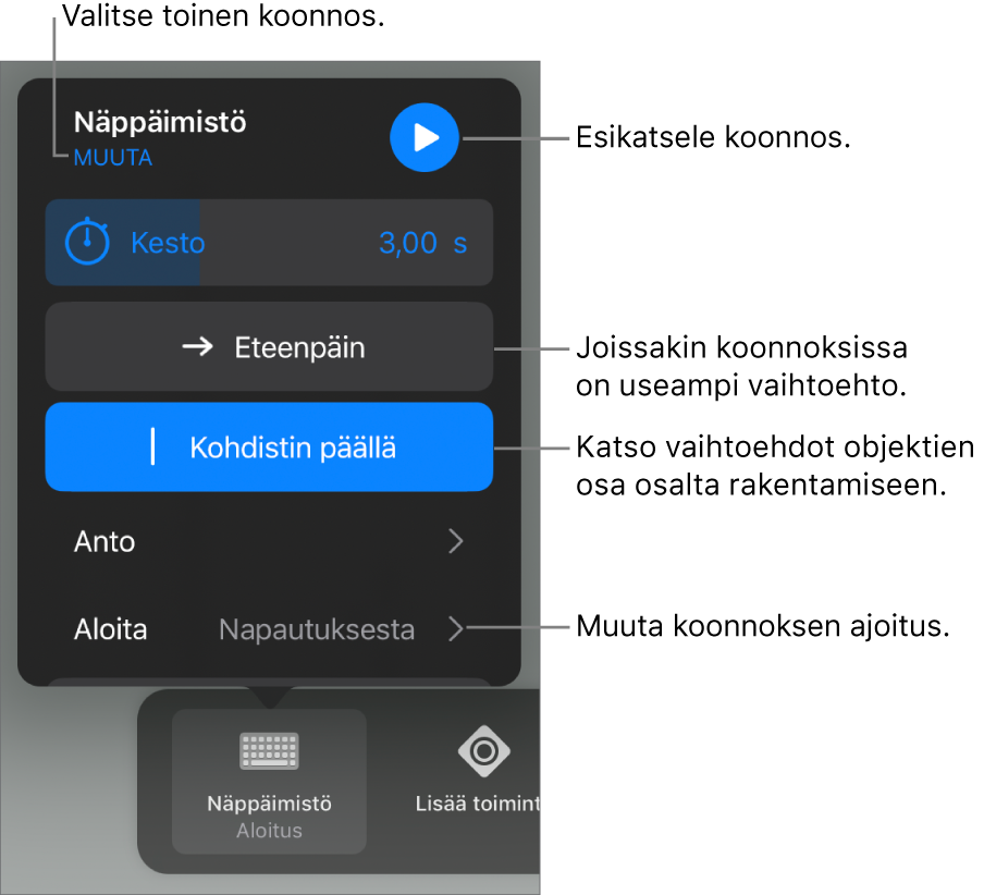 Koonnosvalintoihin sisältyy Kesto, Anto ja Aloituksen ajoitus. Valitse toinen koonnos napauttamalla Muuta tai esikatsele koonnosta napauttamalla Esikatsele.