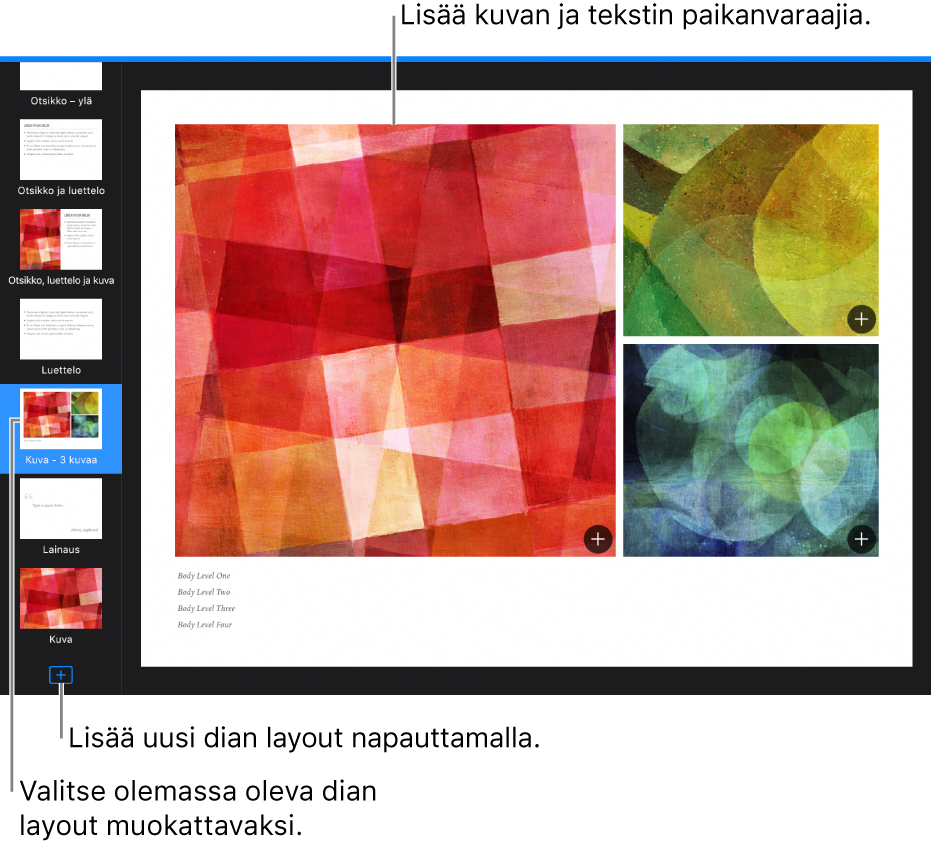 Dian layout diapohjalla ja Lisää dian layout ‑painike diojen rakennenäkymän alareunassa.