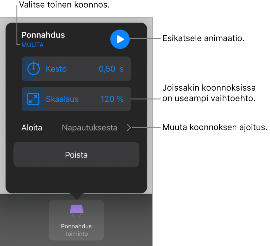 Koonnosvalintoihin sisältyy Kesto ja Aloituksen ajoitus. Valitse toinen koonnos napauttamalla Muuta tai esikatsele koonnosta napauttamalla Esikatsele.