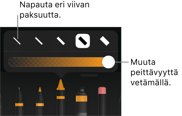 Viivan paksuuden valitsemisen säädin ja peittävyyden säätämisen liukusäädin.