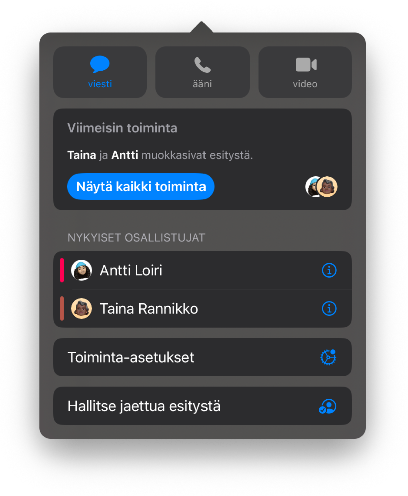 Yhteistyö-valikko, jossa on näkyvissä esityksen parissa yhteistyötä tekevien ihmisten nimet.