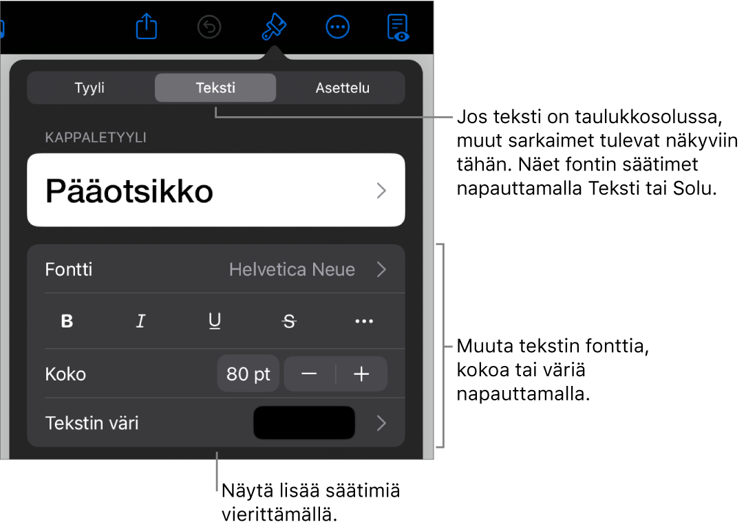 Muoto-valikon tekstisäätimet kappale- ja merkkityylien, fontin, koon ja värin valitsemista varten.