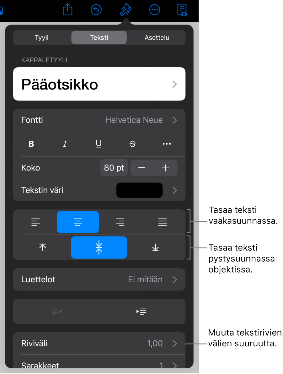 Asettelu-osio, jossa näkyy selitteet tekstin tasaus- ja välistyspainikkeille.