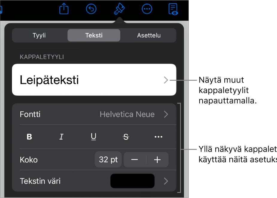 Muoto-valikko, jossa on tekstisäätimet kappale- ja merkkityylien, fontin, koon ja värin valitsemista varten.