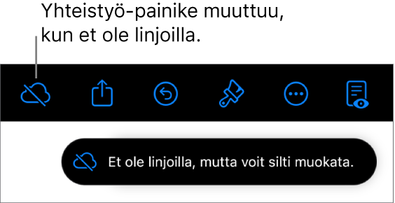 Näytön yläreunassa olevat painikkeet, joista Yhteistyö-painike on muuttunut pilven kuvaksi, jonka läpi menee vinottainen viiva. Näytöllä näkyvässä ilmoituksessa lukee ”Et ole linjoilla, mutta voit silti muokata.”