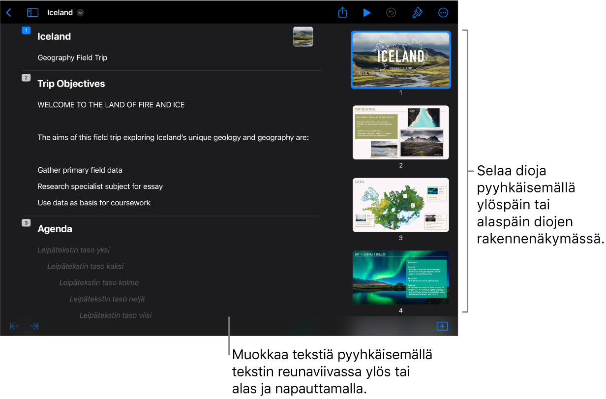 Hahmotelmanäkymä, jossa on tekstihahmotelma näytön vasemmassa reunassa ja pystysuuntainen diojen rakennenäkymä oikeassa reunassa.