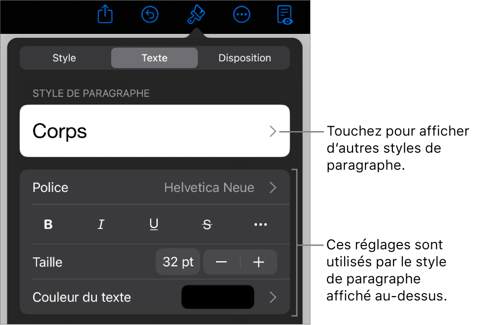 Menu Format avec commandes de texte permettant de définir les styles, la police, la taille et la couleur des paragraphes et des caractères.