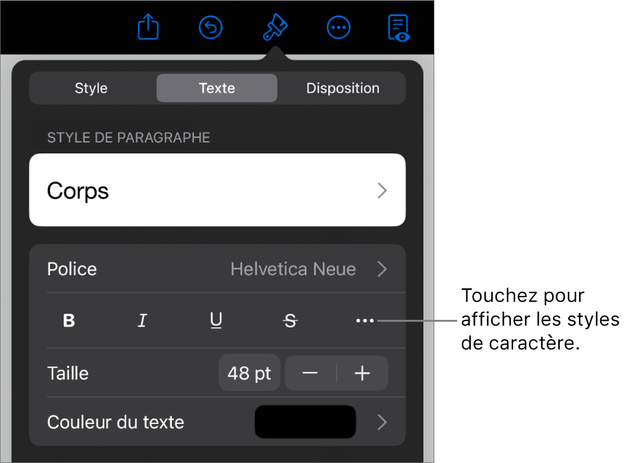 Les commandes de Format avec les styles de paragraphes en haut, puis les commandes de Police. Sous Police se trouvent les boutons Gras, Italique, Souligné, Barré et Plus d’options de texte.
