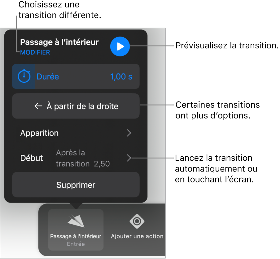 Commandes de la sous-fenêtre Options pour modifier une transition.