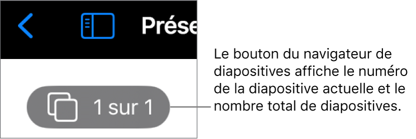 Le bouton du navigateur de diapositives affichant le numéro de la diapositive actuelle et le nombre total de diapositives dans la présentation.