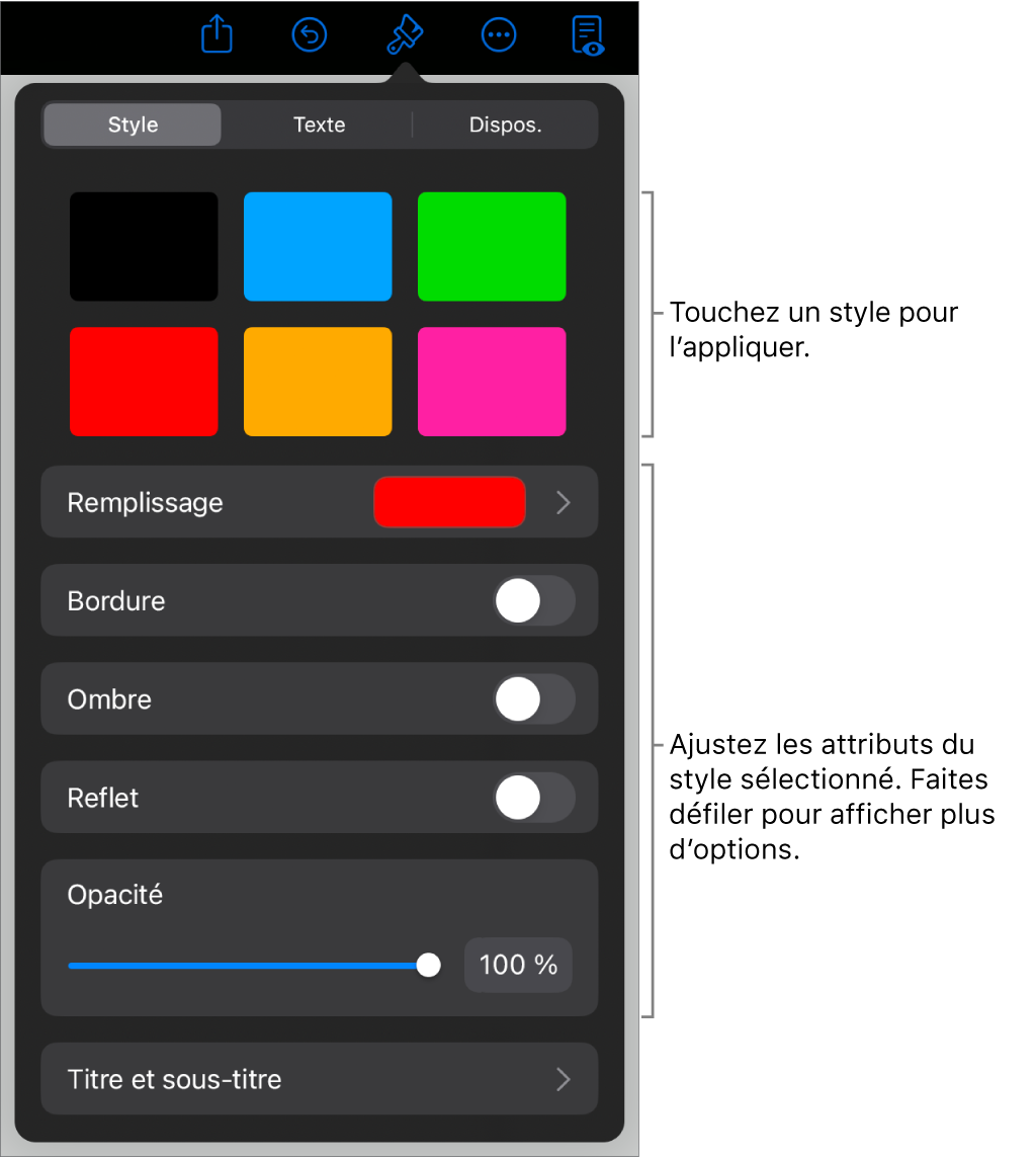 Onglet Style du menu Format avec des styles d’objet en haut et, en dessous, des commandes de modification de bordure, d’ombre, de reflet et d’opacité.