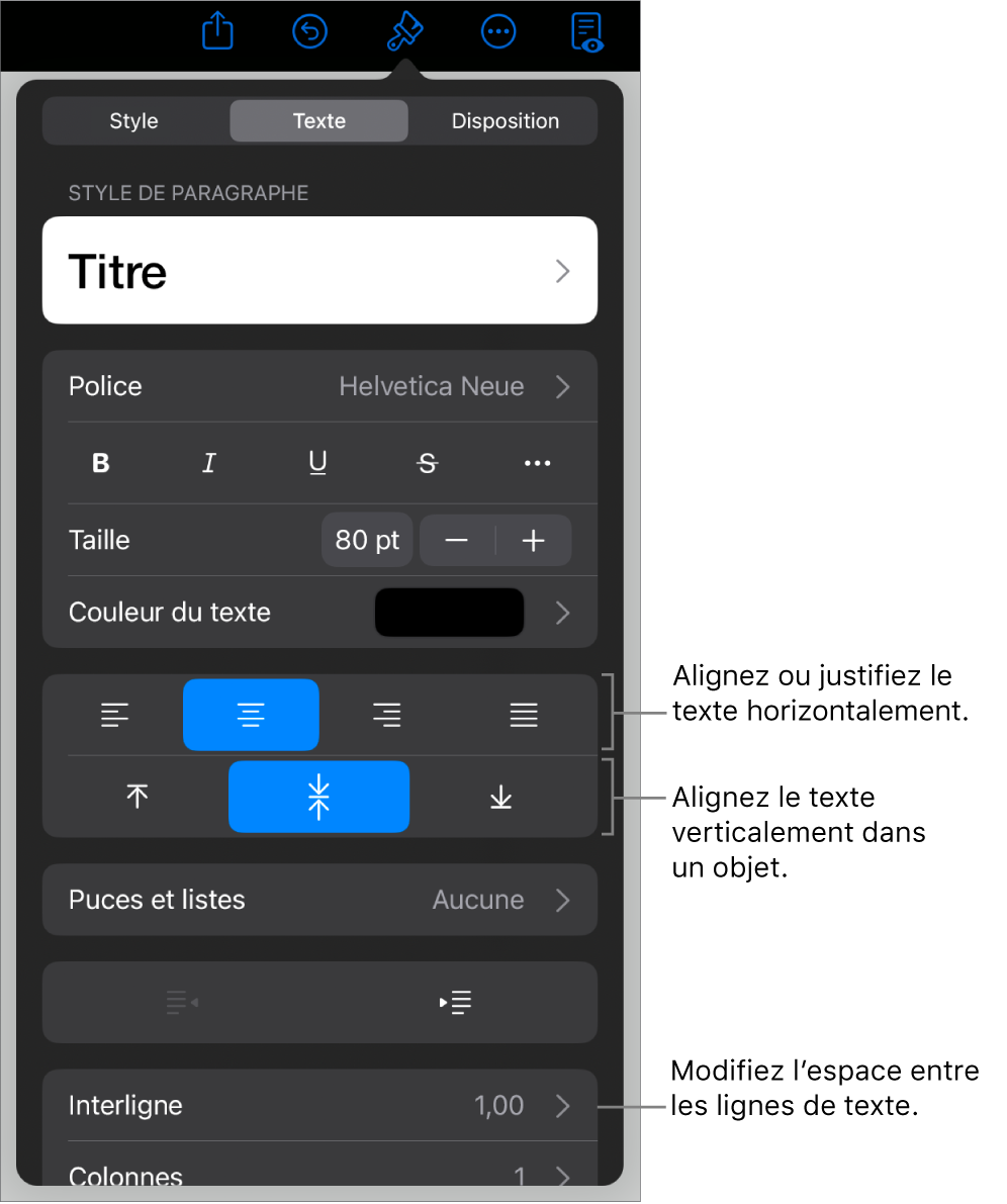 La sous-fenêtre Disposition avec les légendes des boutons d’alignement et d’espacement de texte.