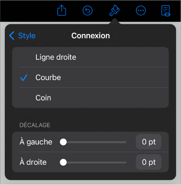 Les commandes Connexion avec l’option Courbe sélectionnée.