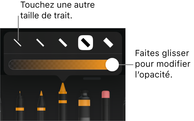 Commandes de sélection de taille de trait et curseur d’ajustement de l’opacité.
