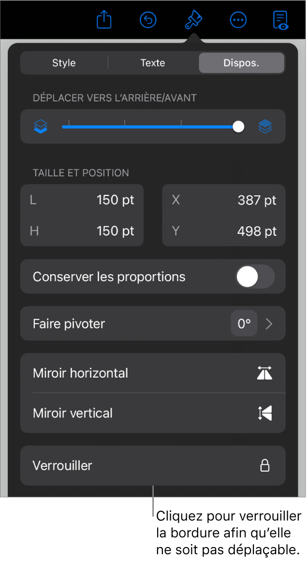 Les commandes Disposition dans le menu Format avec le bouton Verrouiller en évidence.