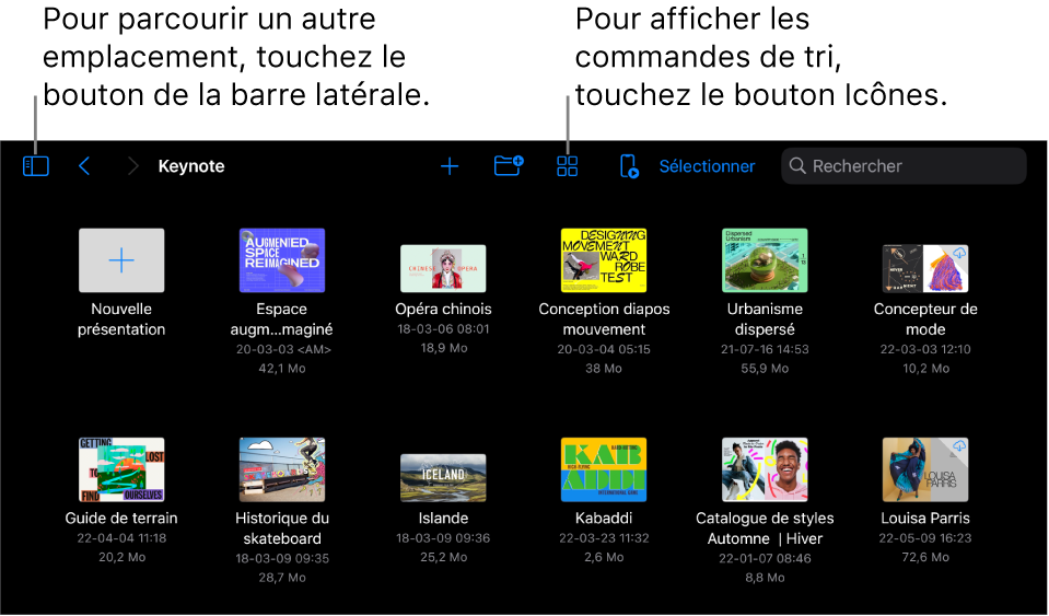 La présentation de navigation du gestionnaire de présentations avec le bouton Barre latérale dans le coin supérieur gauche. En haut à droite se trouvent les boutons Ajouter, Nouveau dossier, Icônes (pour trier par nom, date, taille ou étiquette), Sélectionner et Rechercher. En dessous se trouvent les vignettes des présentations existantes.