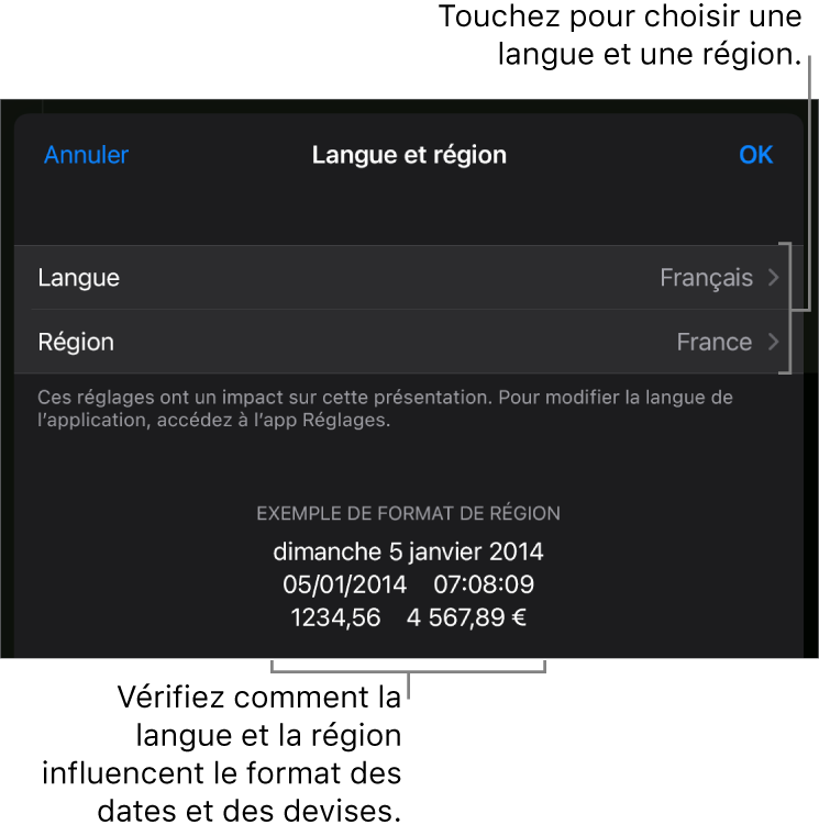 Sous-fenêtre Langue et région avec les commandes pour la langue et la région, et un exemple du format qui comprend la date, l’heure, les décimales et la devise.