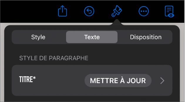 Style de paragraphe avec un astérisque affiché à côté et un bouton Mettre à jour à droite.