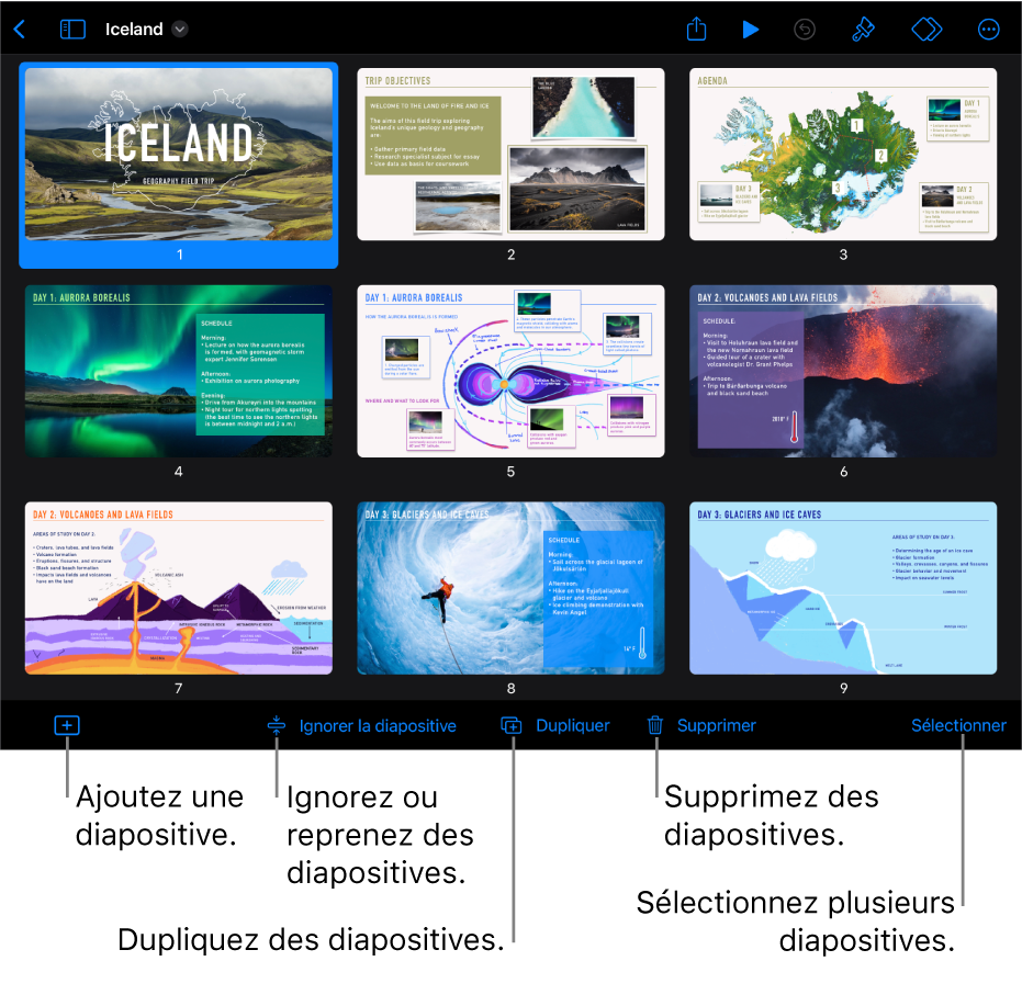 Mode Mini panorama avec les boutons au bas de l’écran pour ajouter, ignorer, dupliquer et supprimer des diapositives, puis pour sélectionner plusieurs diapositives.