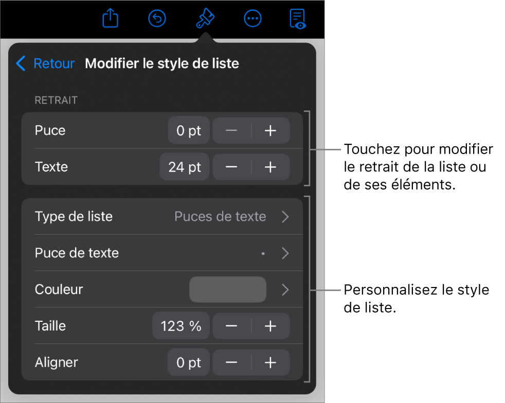Menu Style de liste avec les commandes pour modifier le type et l’apparence de la liste.