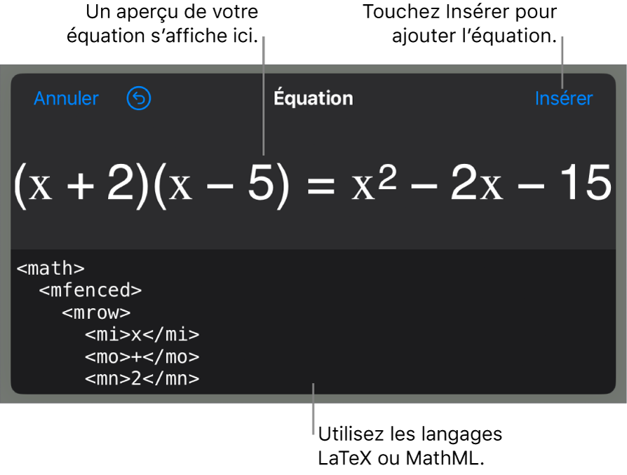 Zone de dialogue Équation, affichant une équation composée à l’aide des commandes MathML et aperçu de la formule au-dessus.