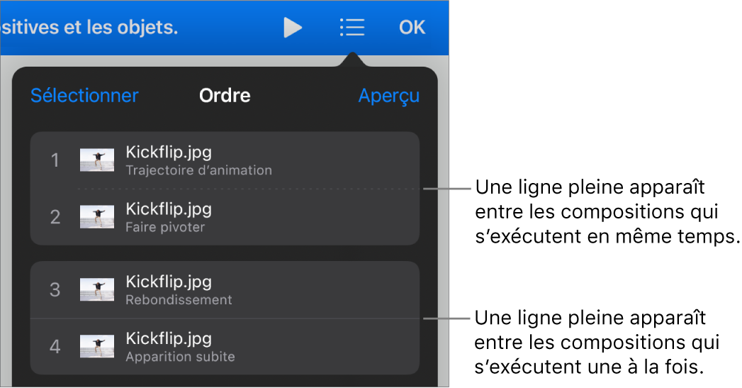 Le menu Ordre de composition avec une ligne pointillée entre les compositions exécutées simultanément et une ligne solide entre celles exécutées une à la fois.
