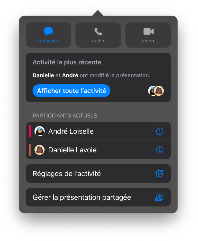 Le menu de collaboration affiche les noms des personnes qui collaborent dans la présentation.