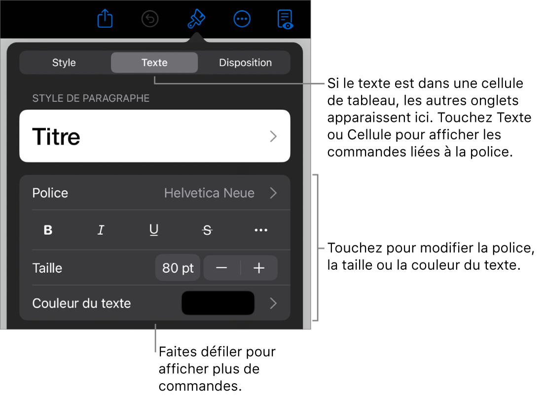 Commandes de texte du menu de format permettant de définir les styles, la police, la taille et la couleur des paragraphes et des caractères.