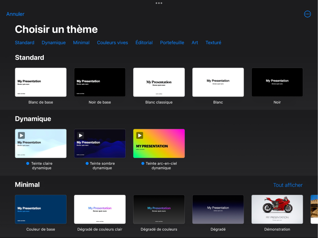 Le sélecteur de thèmes affiche en haut une rangée de catégories que vous pouvez toucher pour filtrer les options. En dessous se trouvent des vignettes de thèmes prédéfinis disposées en rangées par catégorie.