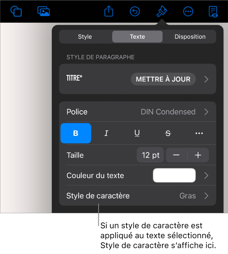 Commandes de mise en forme du texte avec Style de caractère sous les commandes de couleur. Style de caractère Aucun affiché avec un astérisque.