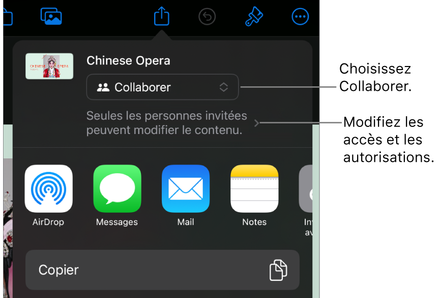 Le menu Partager avec l’option Collaborer sélectionnée dans le haut, au-dessus des réglages d’accès et d’autorisation.