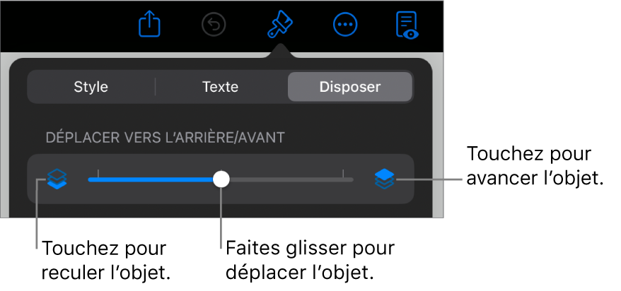 Le bouton de déplacement vers l’arrière, le bouton de déplacement vers l’avant et le curseur de superposition.