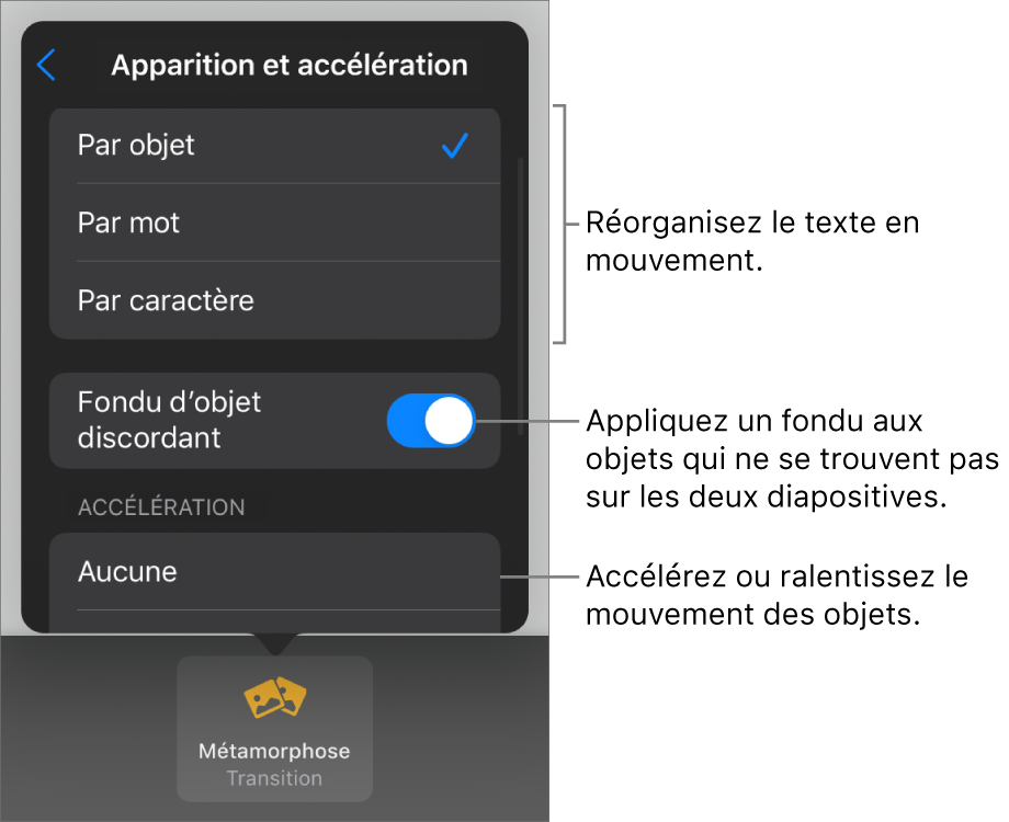 Options d’apparition et d’accélération Métamorphose dans la sous-fenêtre Accélération.