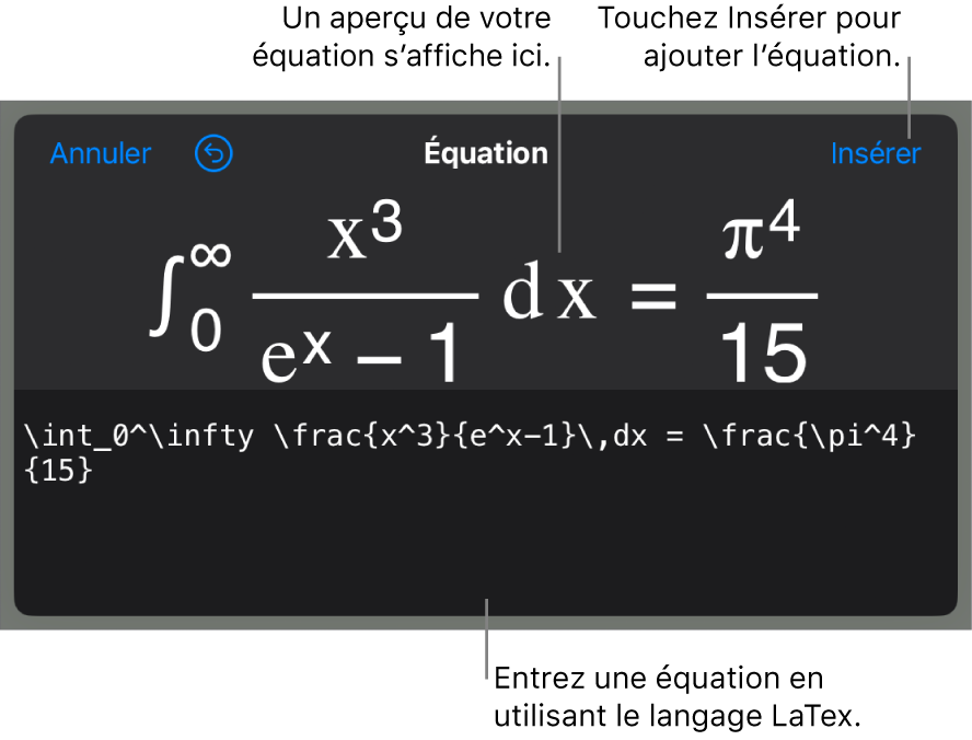 Zone de dialogue Équation, affichant une équation composée à l’aide des commandes LaTex et aperçu de la formule au-dessus.