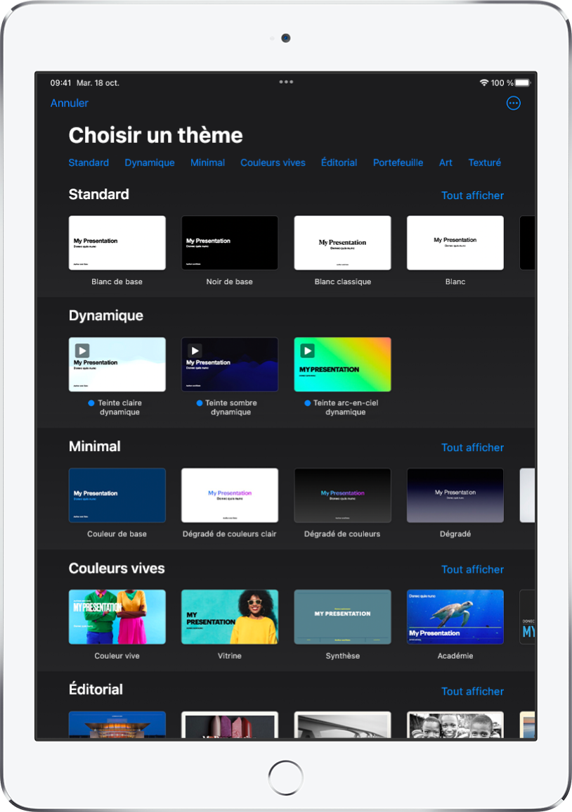 Le sélecteur de thèmes affiche en haut une rangée de catégories que vous pouvez toucher pour filtrer les options. En dessous se trouvent des vignettes de thèmes prédéfinis disposées en rangées par catégorie.