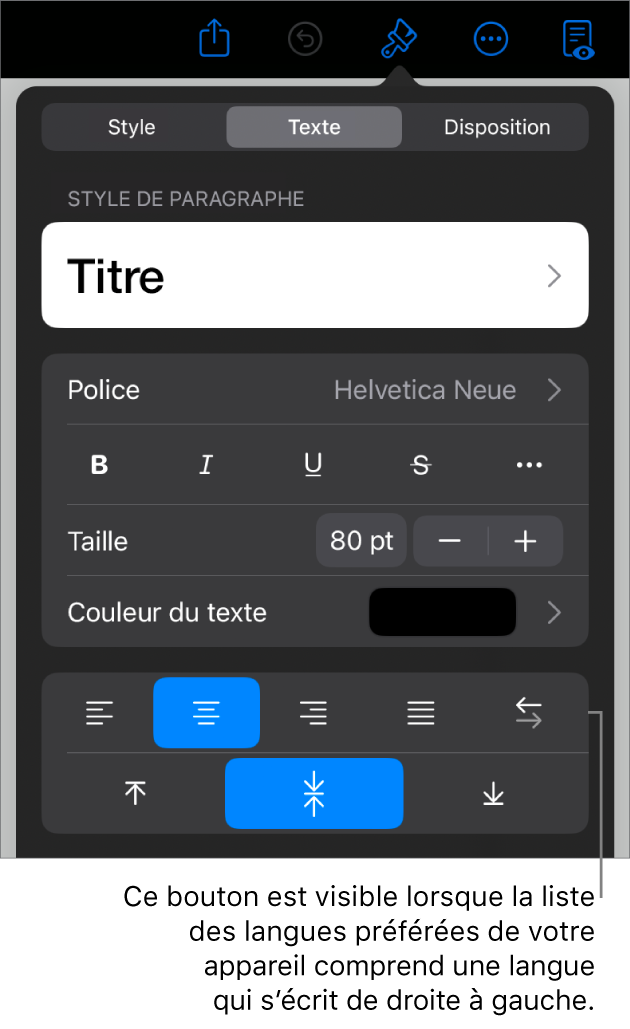 Commandes de texte du menu Format avec le bouton De gauche à droite accompagné d’une légende.