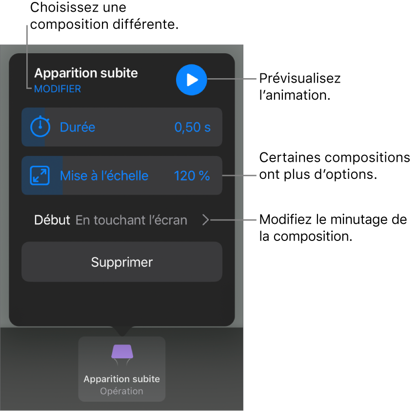 Les options de composition comprennent les minutages Durée et Début. Touchez Modifier pour choisir une composition différente, ou touchez Aperçu pour la prévisualiser.