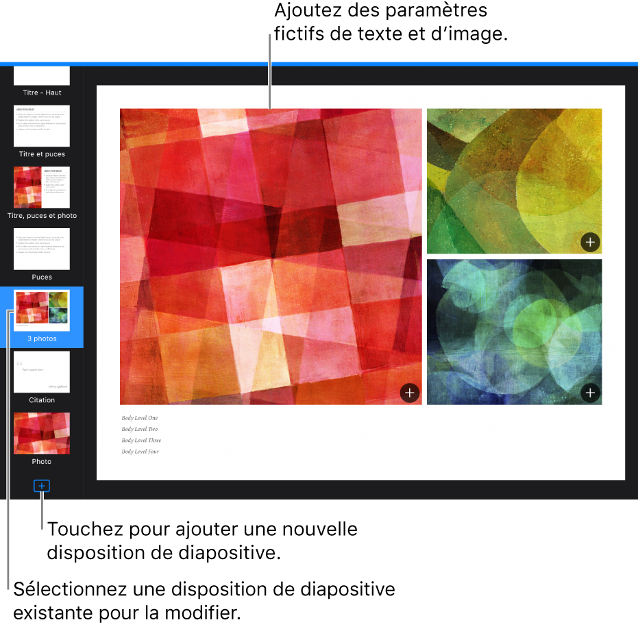 Une disposition de diapositive sur le canevas de diapositive, avec le bouton « Ajouter une disposition de diapositive » en bas du navigateur de diapositives.