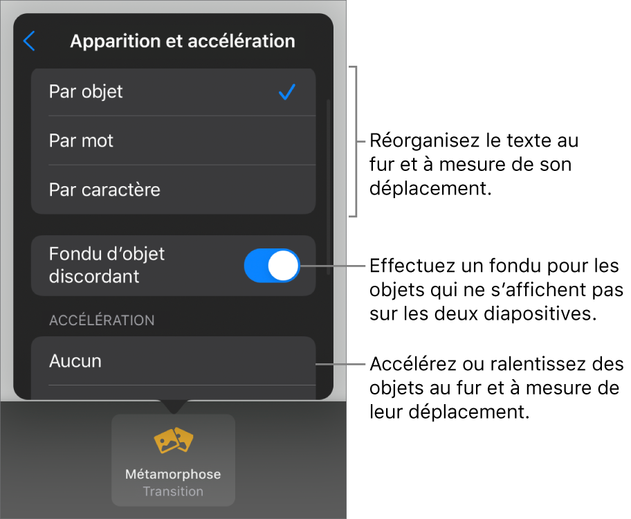 Options d’apparition et d’accélération des transitions Métamorphose dans la sous-fenêtre Accélération.