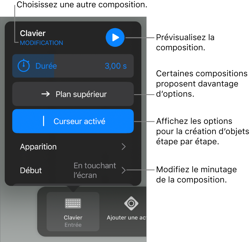 Les options de composition comprennent les options de minutage Durée, Apparition et Début. Touchez Modifier pour sélectionner une autre composition ou touchez Aperçu pour afficher un aperçu de la composition.