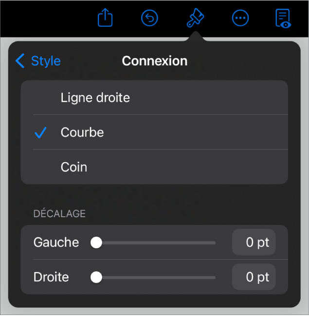 Les commandes Connexion avec l’option Courbe sélectionnée.