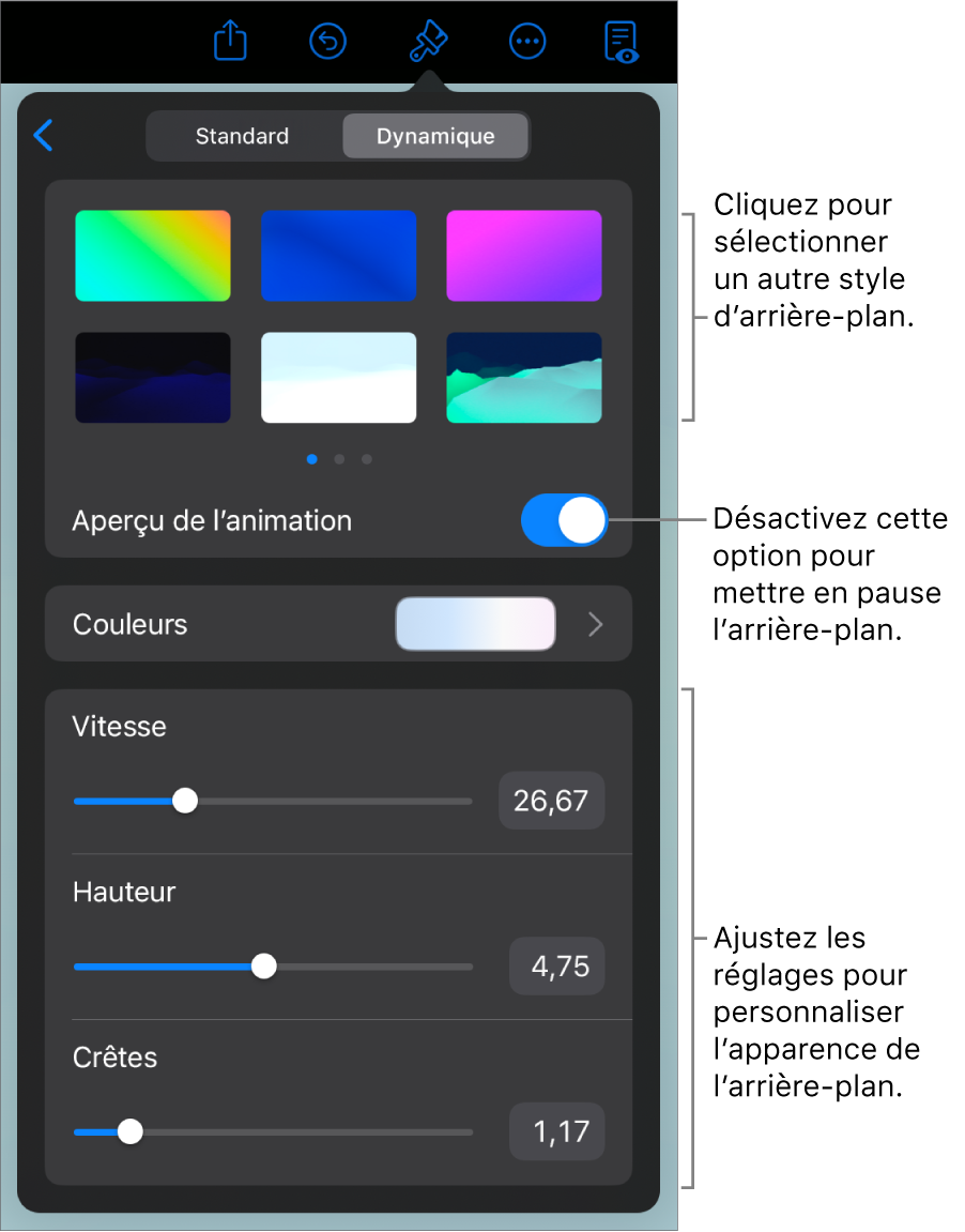 Les commandes liées aux arrière-plans dynamiques avec les vignettes des styles d’arrière-plans, le bouton Prévisualiser le mouvement et les commandes de personnalisation affichés.