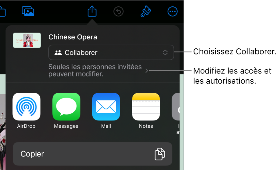 Le menu Partager avec l’option Collaborer sélectionnée en haut, et des réglages d’accès et d’autorisation en dessous.