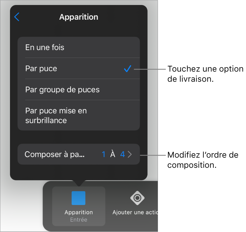 Options d’apparition de la sous-fenêtre Entrée.