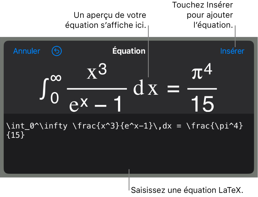 Zone de dialogue Équation, affichant une équation composée à l’aide des commandes LaTex et aperçu de la formule au-dessus.