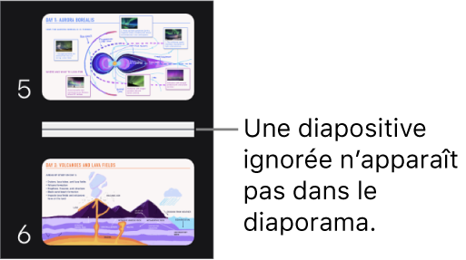 Navigateur de diapositives avec une diapositive ignorée s’affichant sous forme de ligne horizontale.