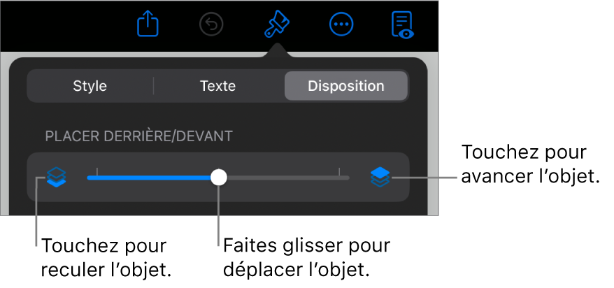 Le bouton de déplacement vers l’arrière, le bouton de déplacement vers l’avant et le curseur de superposition.