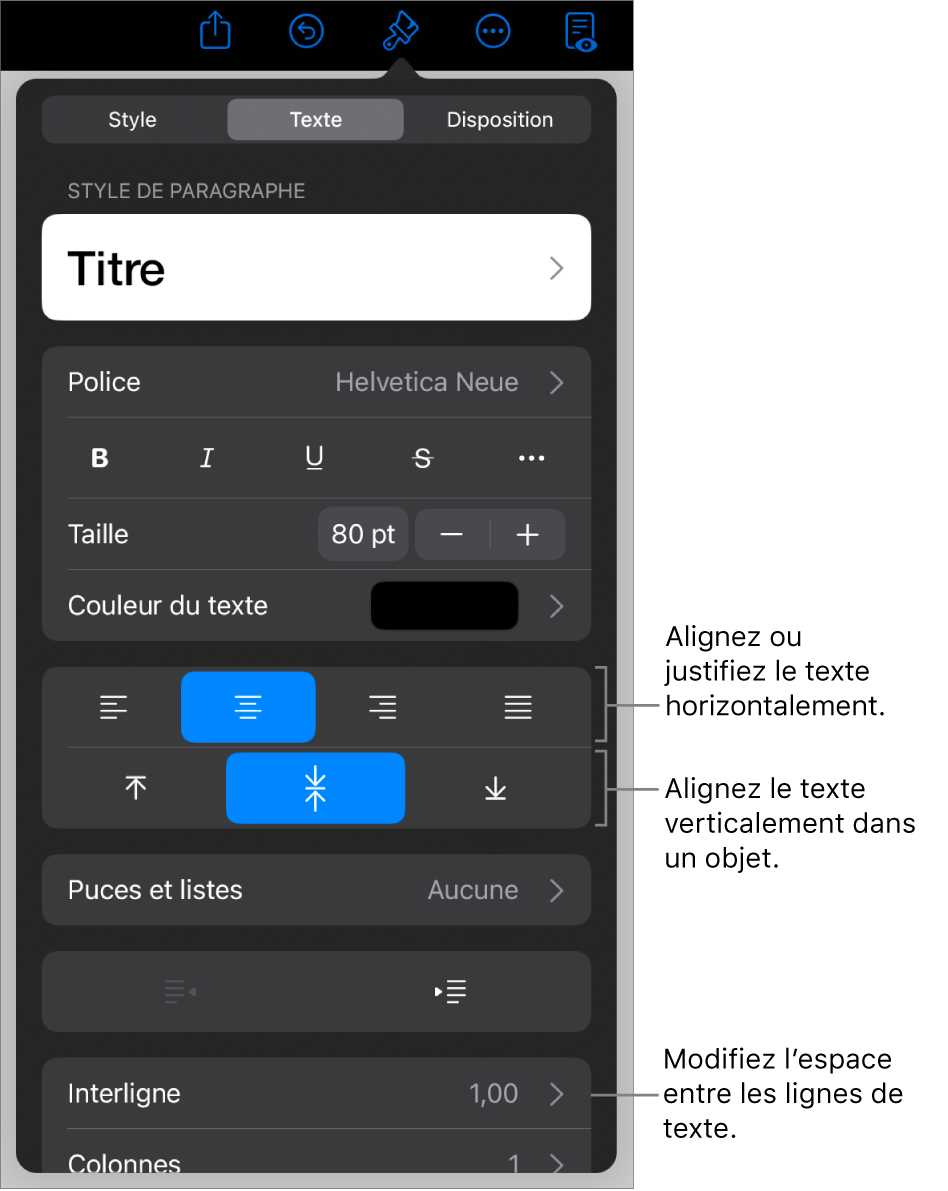 La sous-fenêtre Disposition avec les légendes des boutons d’alignement et d’espacement de texte.