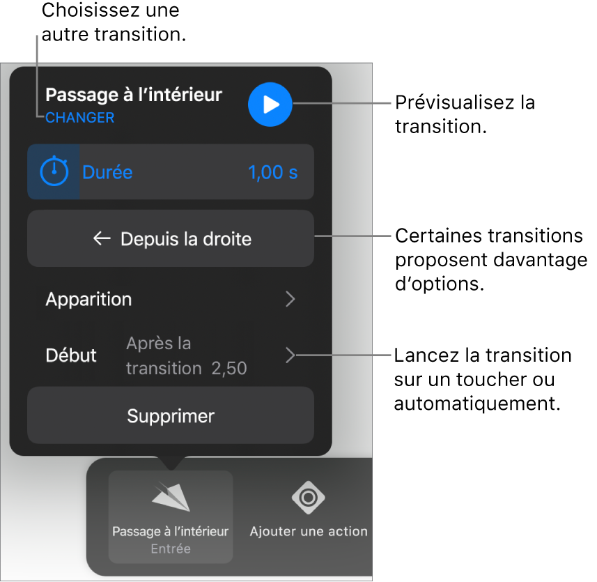 Commandes de la sous-fenêtre Options permettant de modifier une transition.